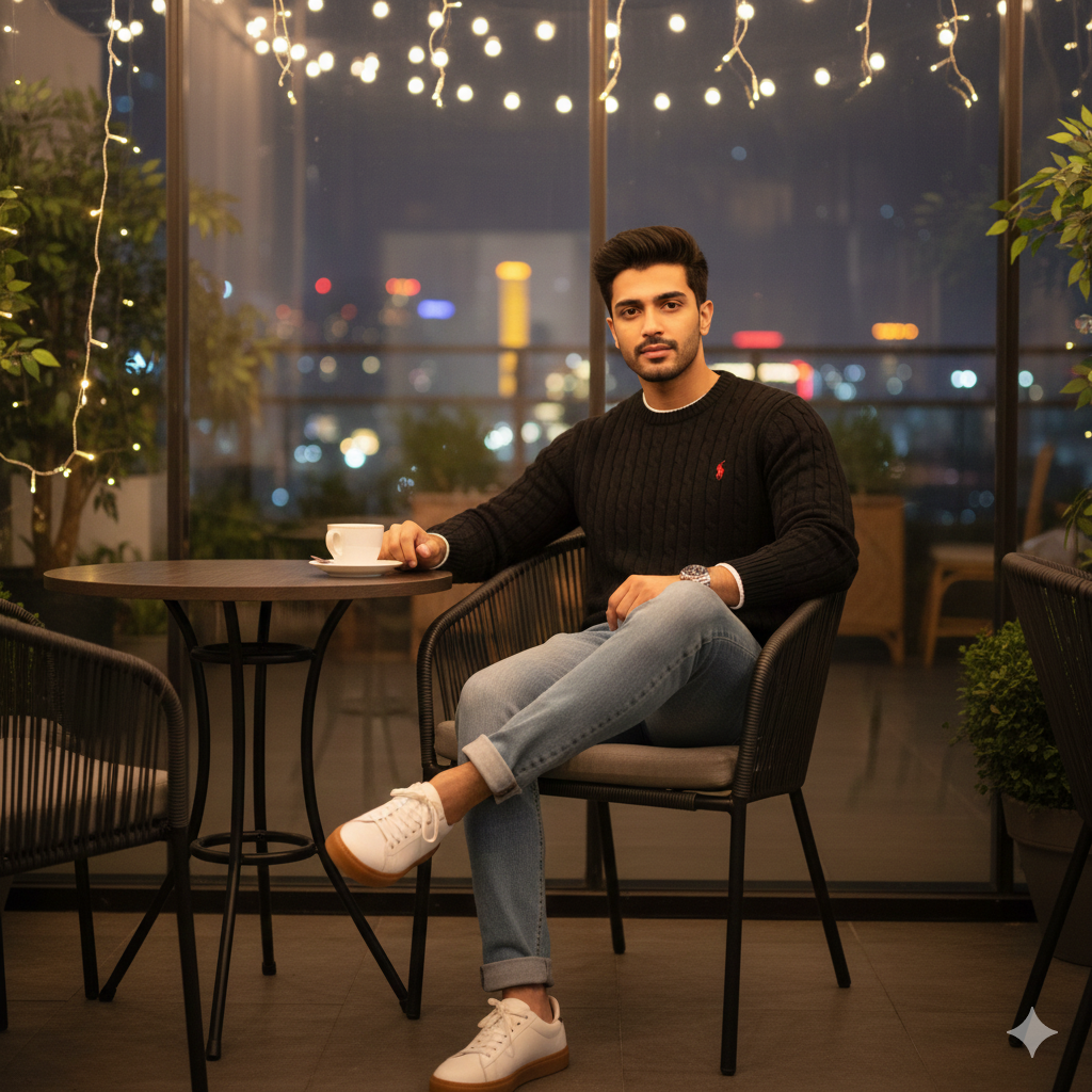 Copy Paste Ai prompt to Create ultra-realistic cinematic full-body portrait at the Chinese rooftop coffee shop - AI Generated Image