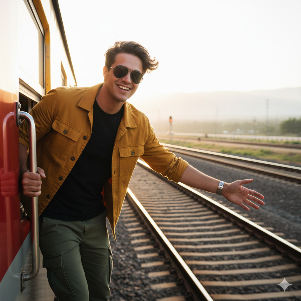 Hanging from train create a realistic look by google gemini ai prompt - AI Generated Image