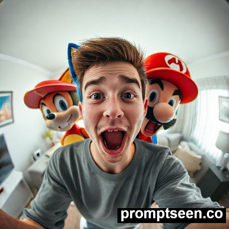 Funny Prompt To Create A Selfie With Cartoons Mario and Sonic - AI Generated Image