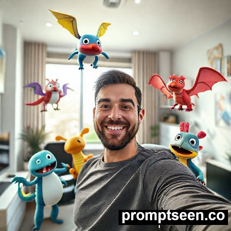 Funny prompt seen selfie with animated creatures - AI Generated Image