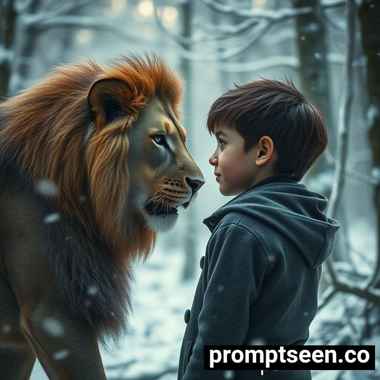 Boy with lion cinematic portrait gemini prompt - AI Generated Image