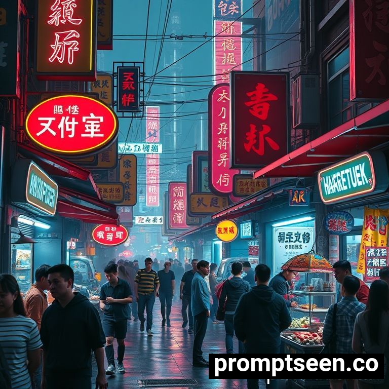 Cyberpunk Neon Style Image Editing: street vendor photo editing prompt - AI Generated Image